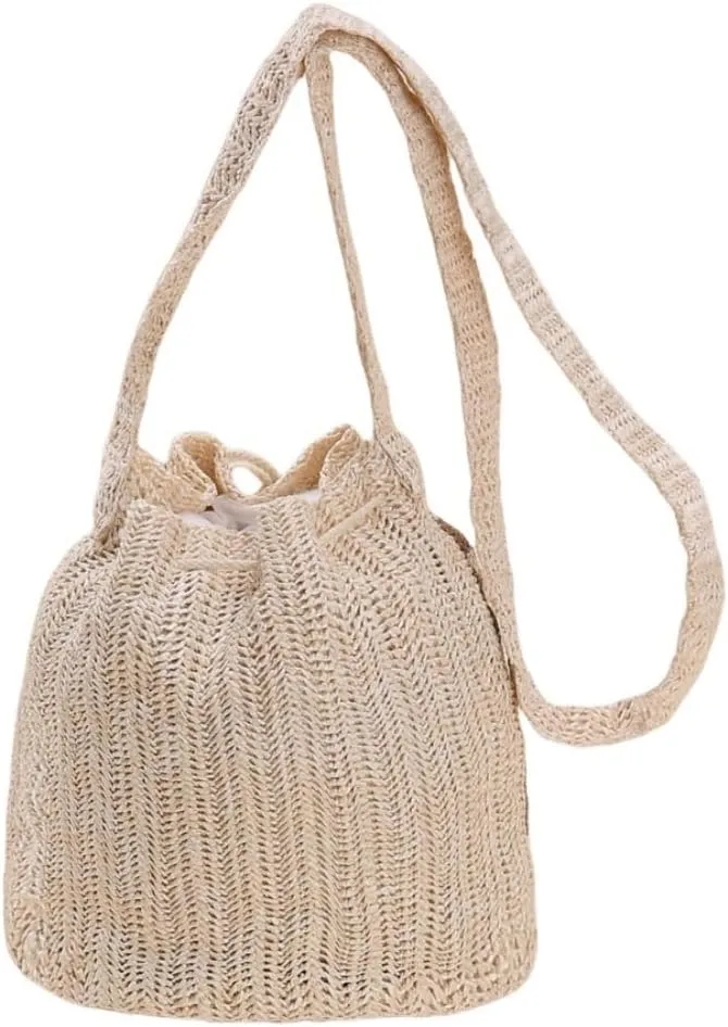 Women Straw Drawstring Bucket Purse Small Tote Shoulder Handbag Hollow Out Cross-body Bag for Summer,Beach