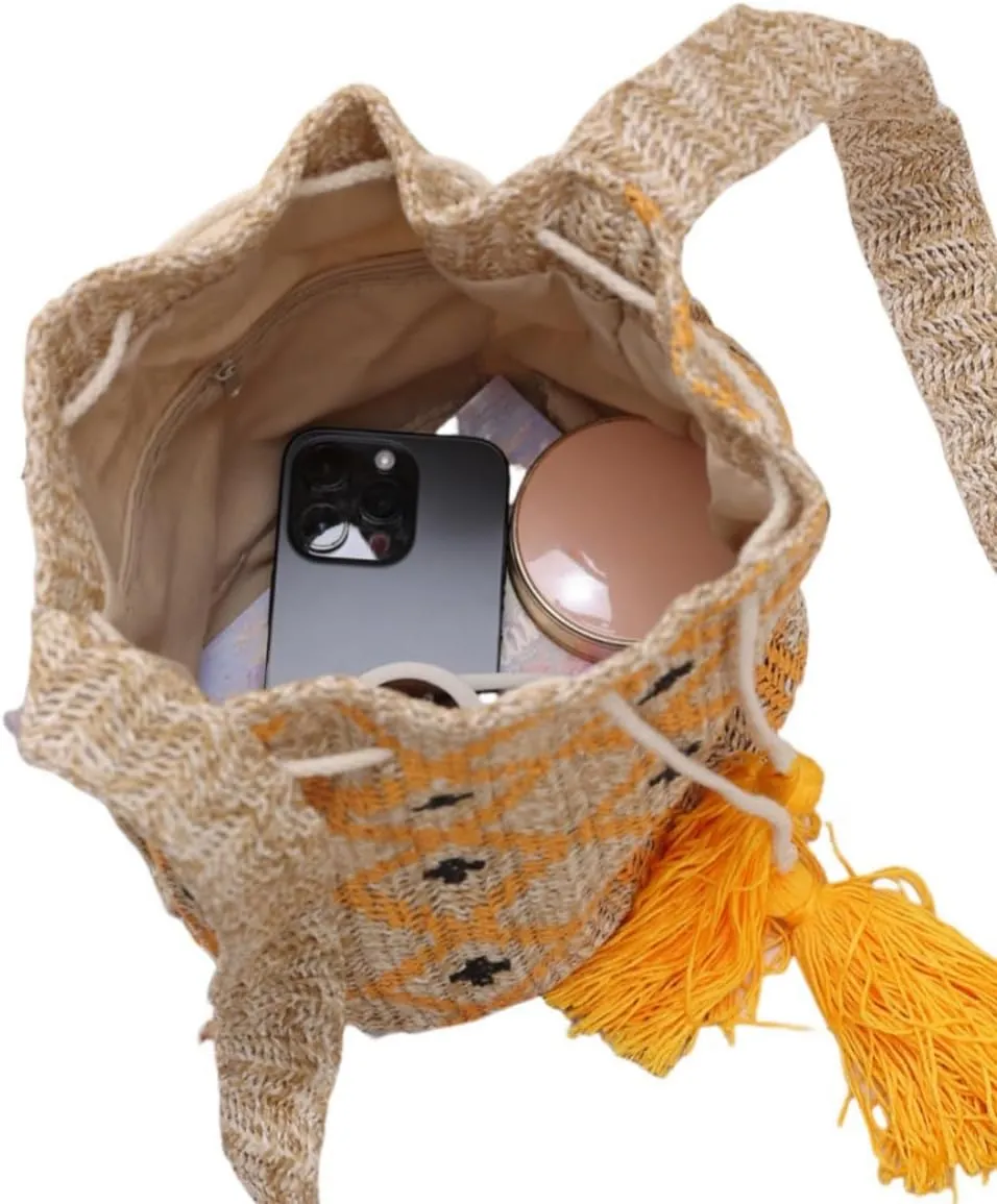 Women Straw Drawstring Bucket Purse Small Tote Shoulder Handbag Hollow Out Cross-body Bag for Summer,Beach