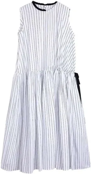 Women Striped Drawstring Pleated Midi Dress Crew Neck Sleeveless Casual Dresses