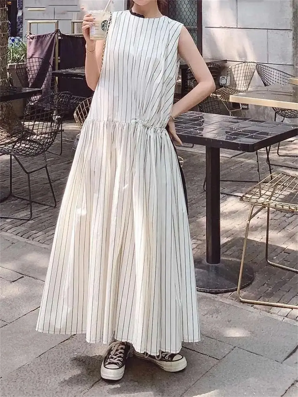 Women Striped Drawstring Pleated Midi Dress Crew Neck Sleeveless Casual Dresses