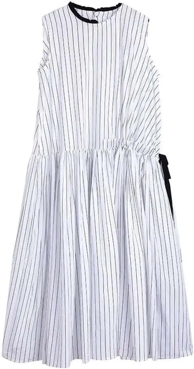 Women Striped Drawstring Pleated Midi Dress Crew Neck Sleeveless Casual Dresses