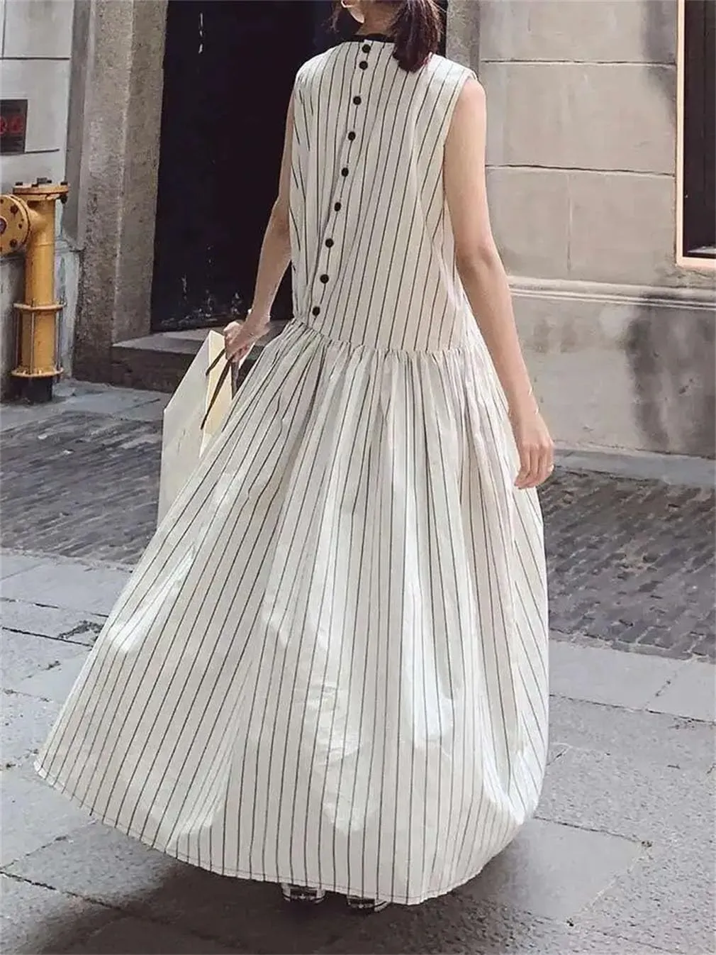 Women Striped Drawstring Pleated Midi Dress Crew Neck Sleeveless Casual Dresses