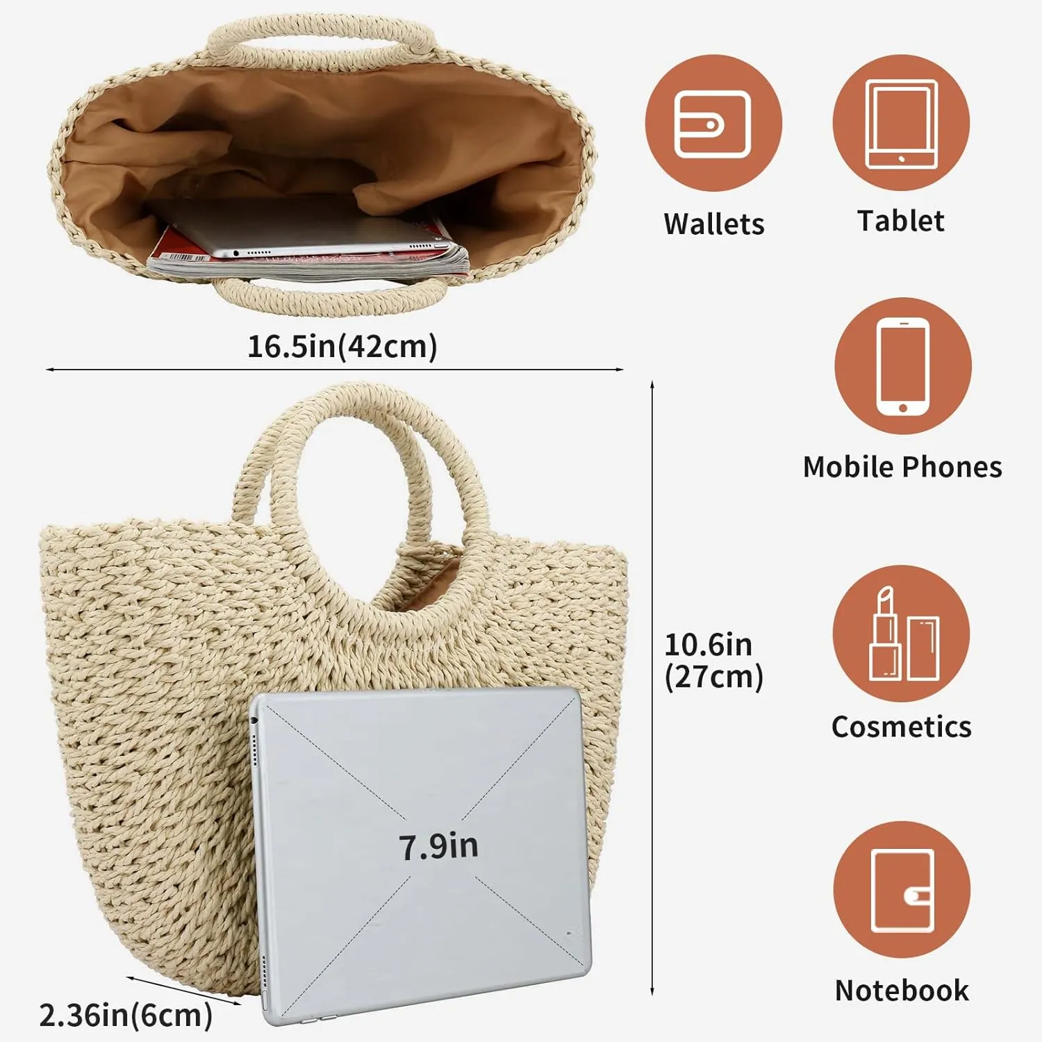Women Summer Beach Bag, Straw Handbag Top Handle Big Capacity Travel Tote Purse Hand Woven Straw Large Hobo Bag