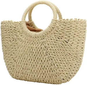 Women Summer Beach Bag, Straw Handbag Top Handle Big Capacity Travel Tote Purse Hand Woven Straw Large Hobo Bag