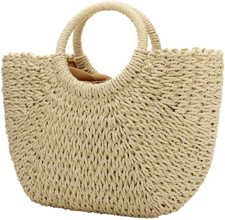 Women Summer Beach Bag, Straw Handbag Top Handle Big Capacity Travel Tote Purse Hand Woven Straw Large Hobo Bag