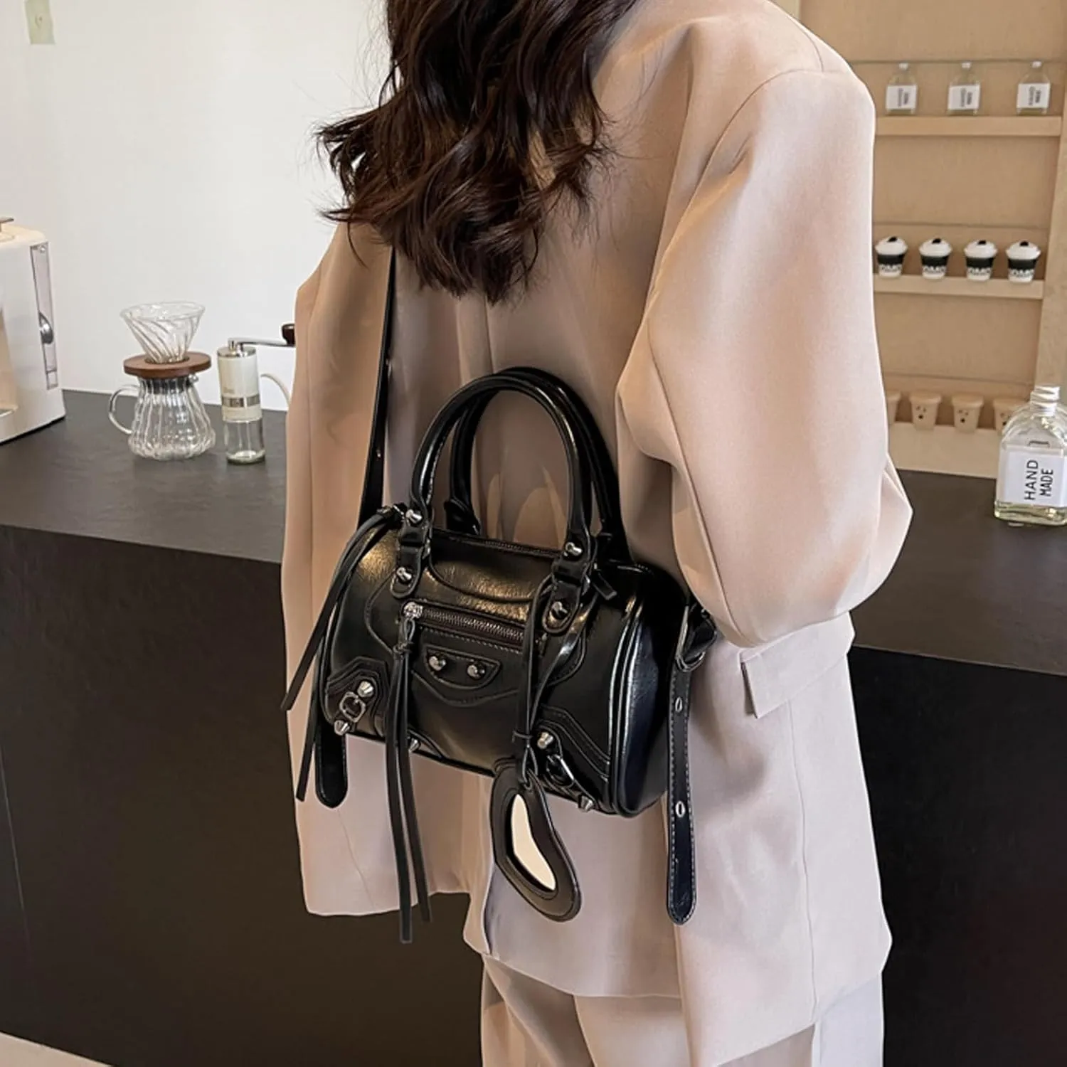 Women Y2k Satchel Purses and Handbags Trendy Vegan Leather Boston Barrel Bag Top Handle Punk Crossbody Shoulder Bag