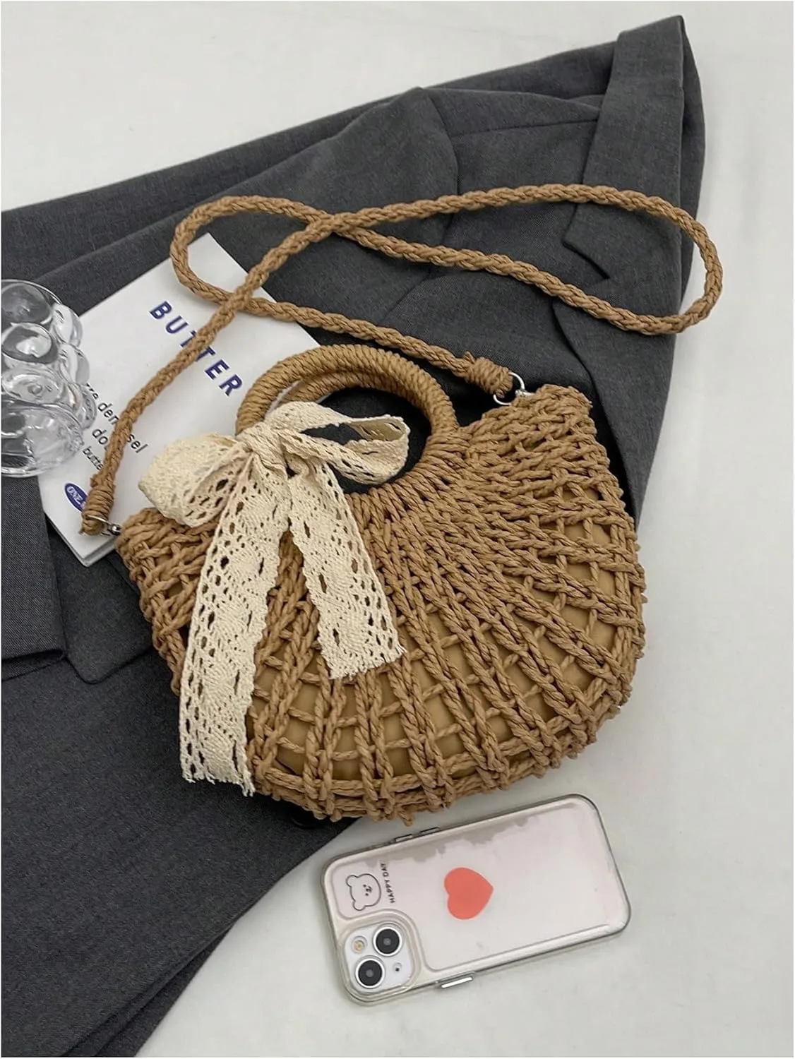 Women's Boho Crossbody Drawstring Straw Bags Double Top Handle Vacation Shoulder Handbags