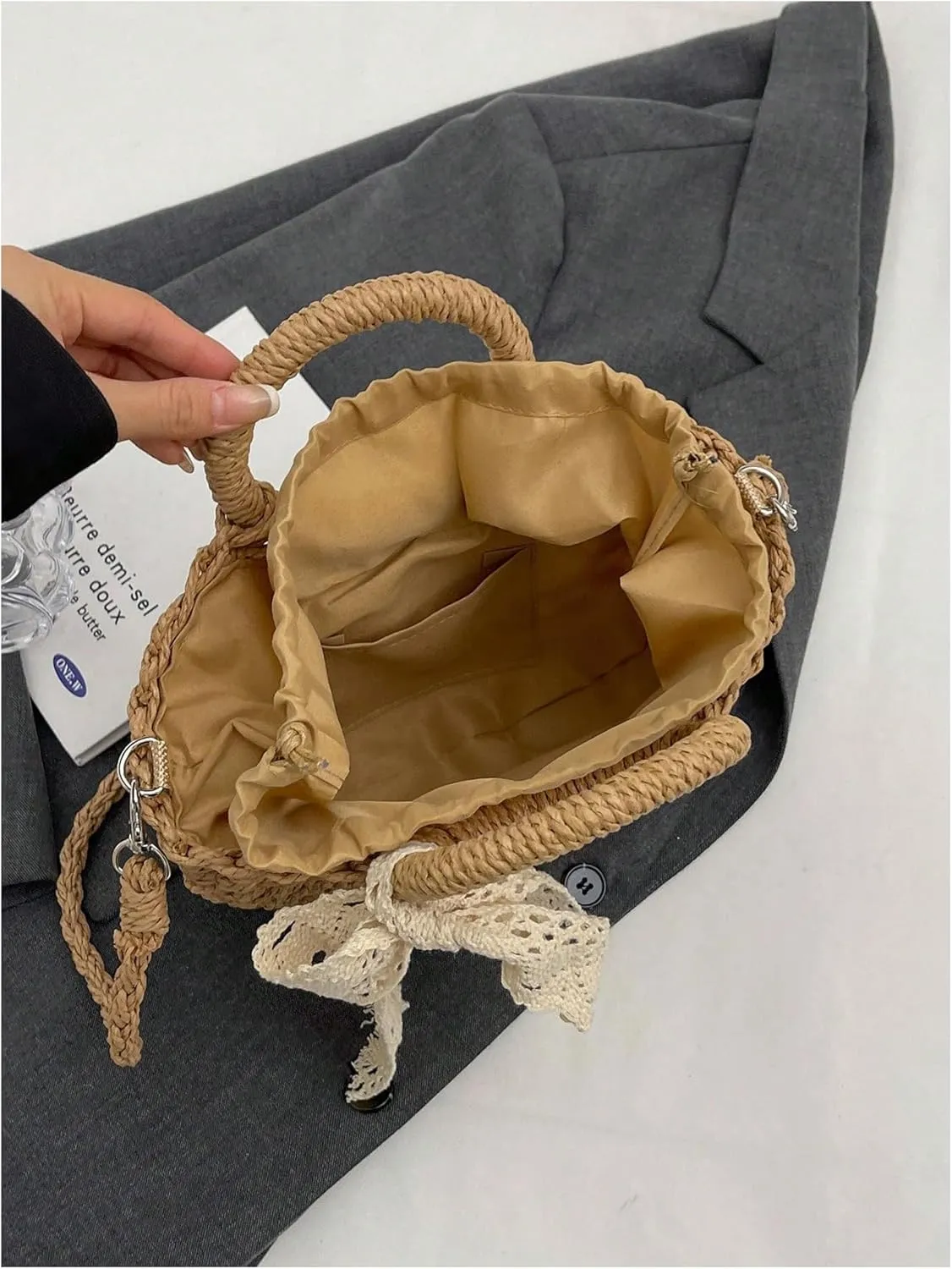 Women's Boho Crossbody Drawstring Straw Bags Double Top Handle Vacation Shoulder Handbags