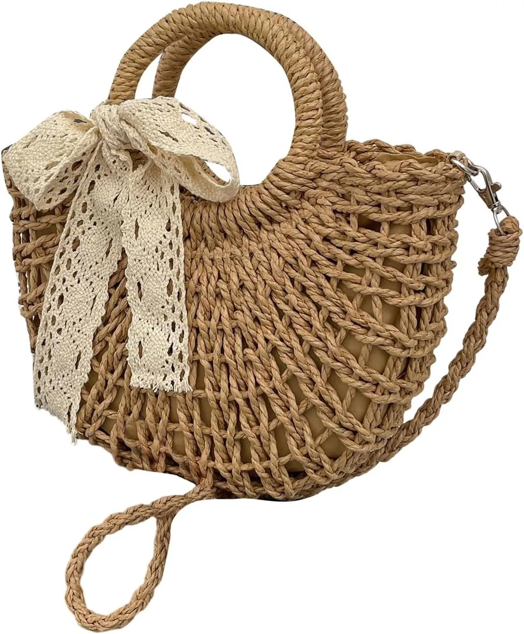 Women's Boho Crossbody Drawstring Straw Bags Double Top Handle Vacation Shoulder Handbags