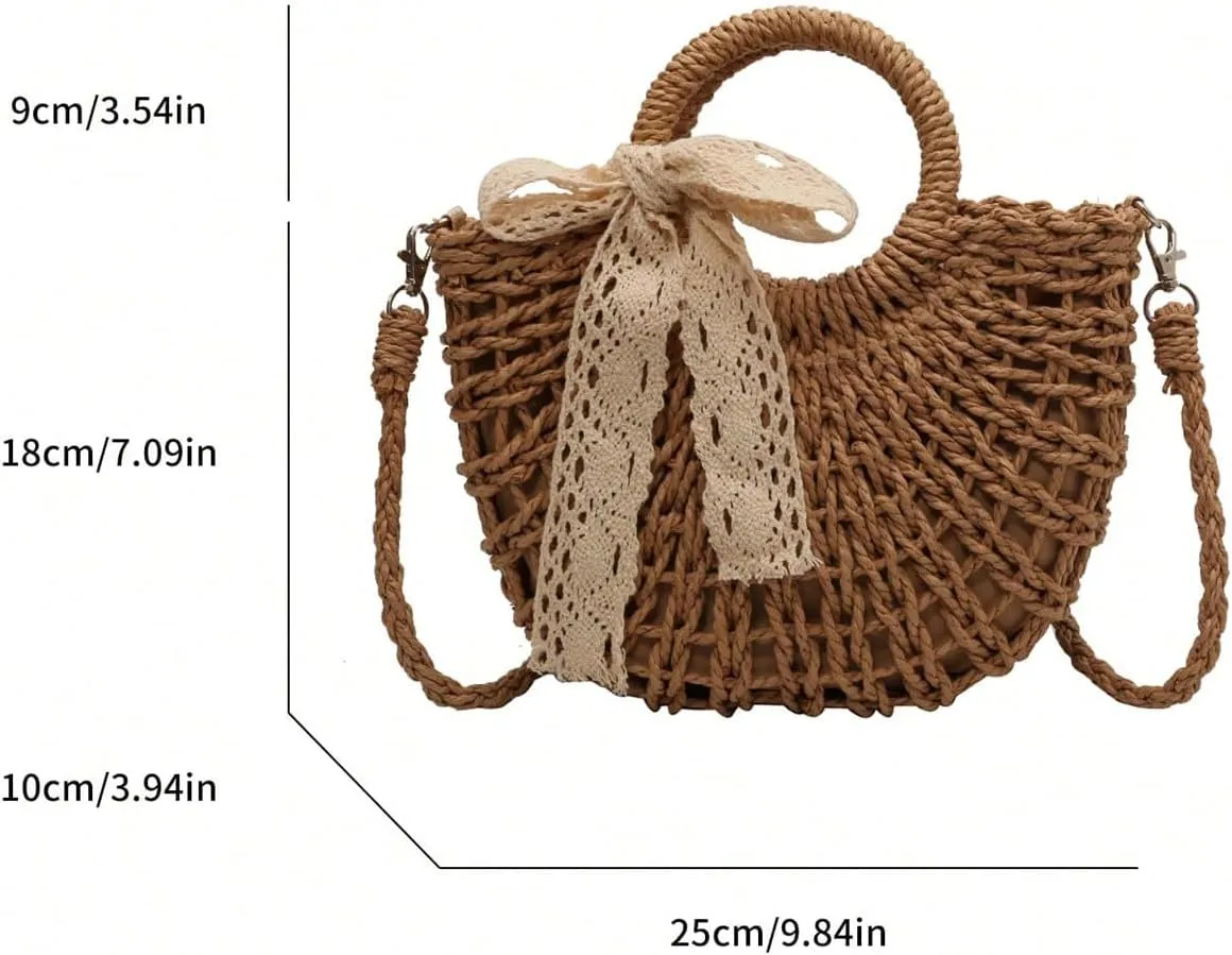 Women's Boho Crossbody Drawstring Straw Bags Double Top Handle Vacation Shoulder Handbags
