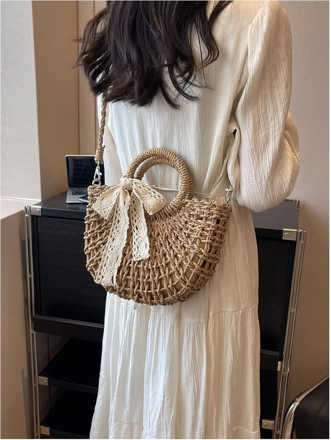 Women's Boho Crossbody Drawstring Straw Bags Double Top Handle Vacation Shoulder Handbags