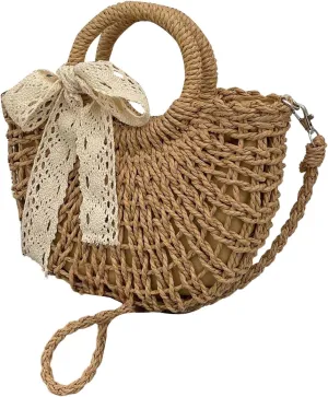 Women's Boho Crossbody Drawstring Straw Bags Double Top Handle Vacation Shoulder Handbags