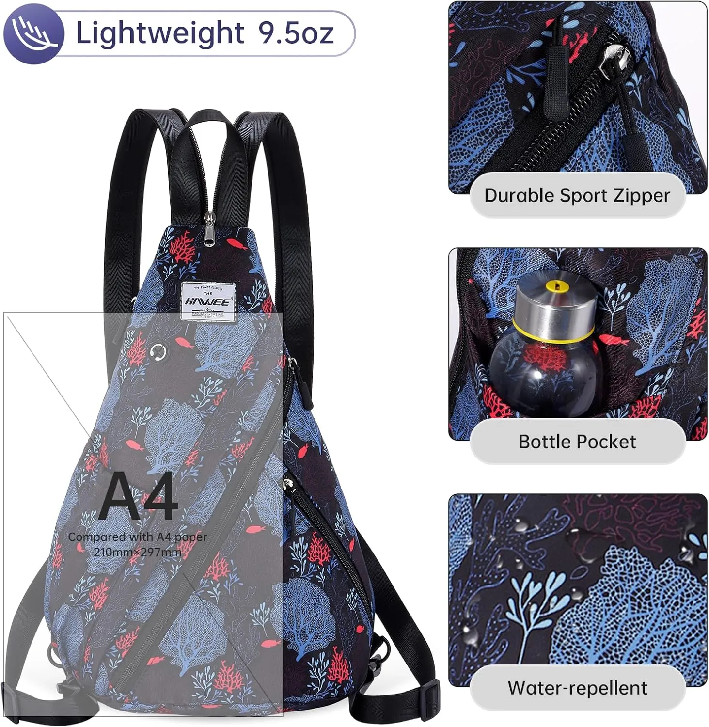 Women's Casual Daypack - Convertible Rope Sling Bag, Water-Resistant Chest Bag & Crossbody Backpack for Travel, Sport, Hiking, Coral Leaf