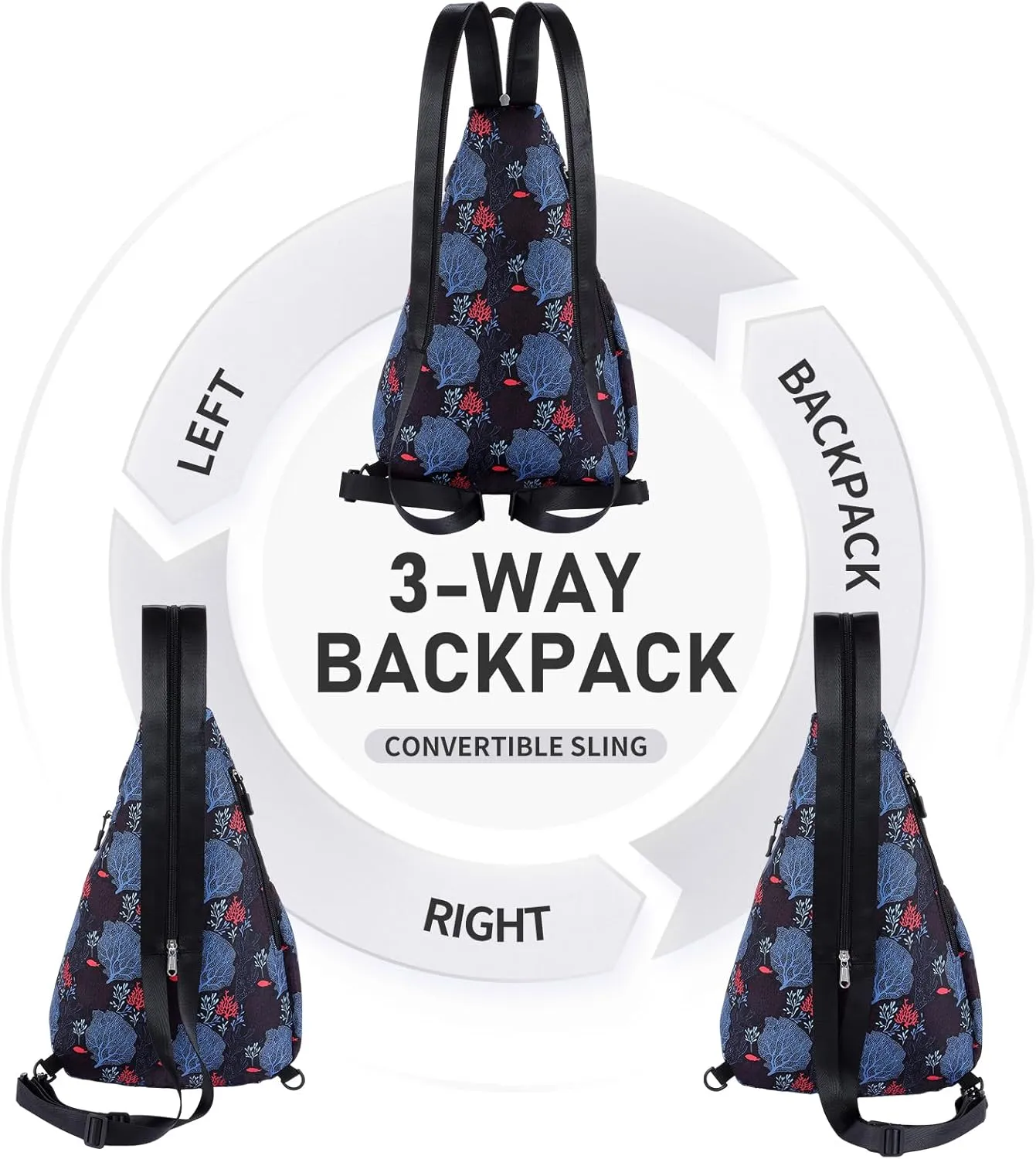Women's Casual Daypack - Convertible Rope Sling Bag, Water-Resistant Chest Bag & Crossbody Backpack for Travel, Sport, Hiking, Coral Leaf