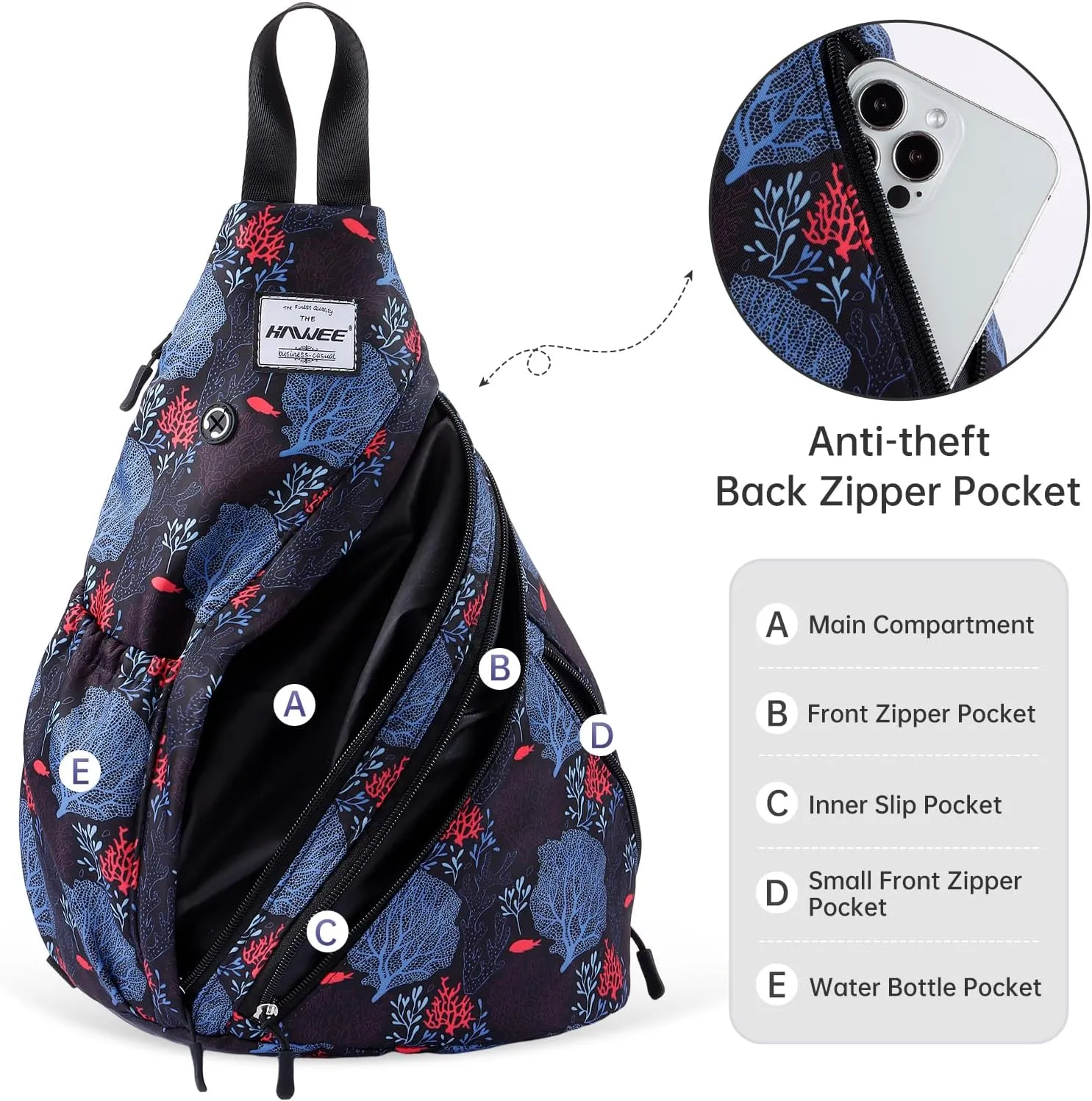Women's Casual Daypack - Convertible Rope Sling Bag, Water-Resistant Chest Bag & Crossbody Backpack for Travel, Sport, Hiking, Coral Leaf