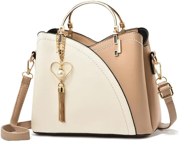 Women's Contrast Stitching Tassels Handbag Fashion Color Block Leather Small Crossbody Handle Tote Shoulder Bags