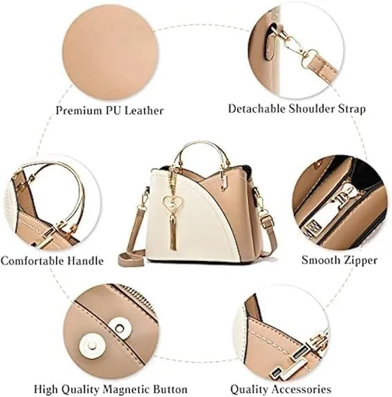 Women's Contrast Stitching Tassels Handbag Fashion Color Block Leather Small Crossbody Handle Tote Shoulder Bags