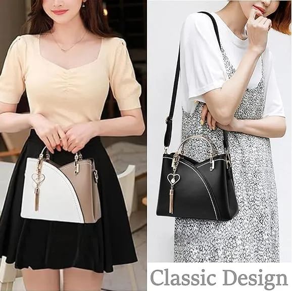 Women's Contrast Stitching Tassels Handbag Fashion Color Block Leather Small Crossbody Handle Tote Shoulder Bags