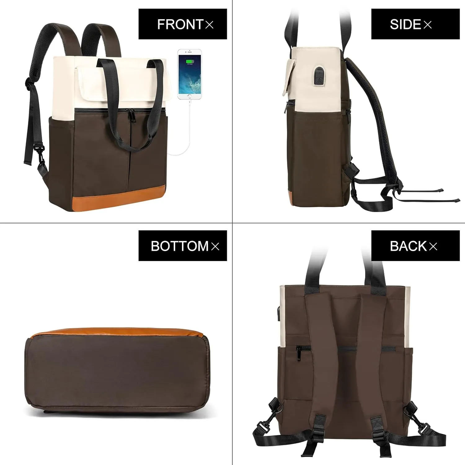 Women's Convertible Daypack Laptop Backpack, Computer Backpack Work Backpack with USB Charging Port