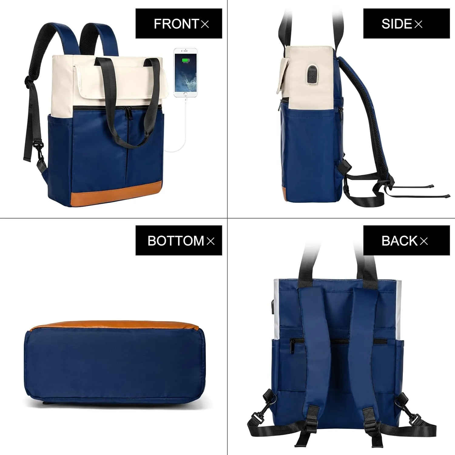 Women's Convertible Daypack Laptop Backpack, Computer Backpack Work Backpack with USB Charging Port