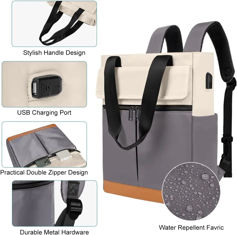 Women's Convertible Daypack Laptop Backpack, Computer Backpack Work Backpack with USB Charging Port