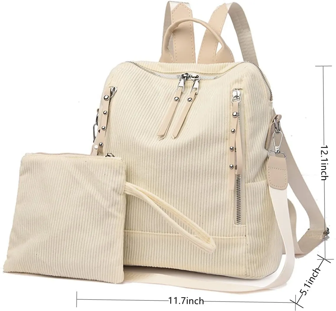 Womens Corduroy Casual Backpack Purse Convertible Travel Shoulder Bag with Wristlet Corduroy Wallet Handbag,Beige