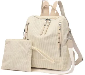 Womens Corduroy Casual Backpack Purse Convertible Travel Shoulder Bag with Wristlet Corduroy Wallet Handbag,Beige