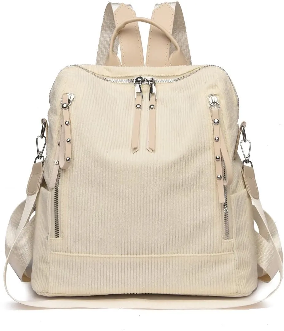 Womens Corduroy Casual Backpack Purse Convertible Travel Shoulder Bag with Wristlet Corduroy Wallet Handbag,Beige