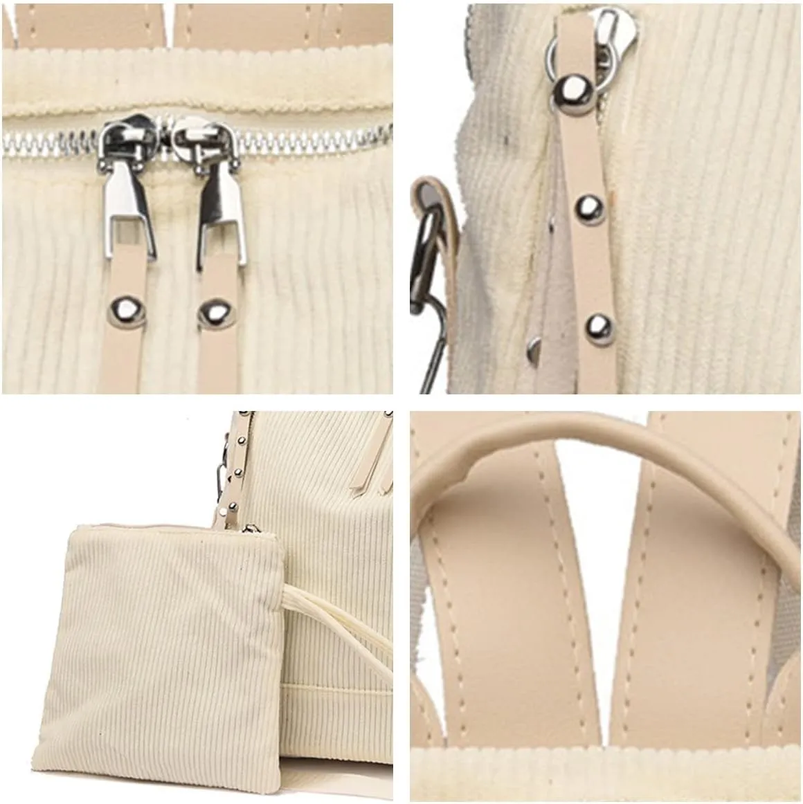 Womens Corduroy Casual Backpack Purse Convertible Travel Shoulder Bag with Wristlet Corduroy Wallet Handbag,Beige