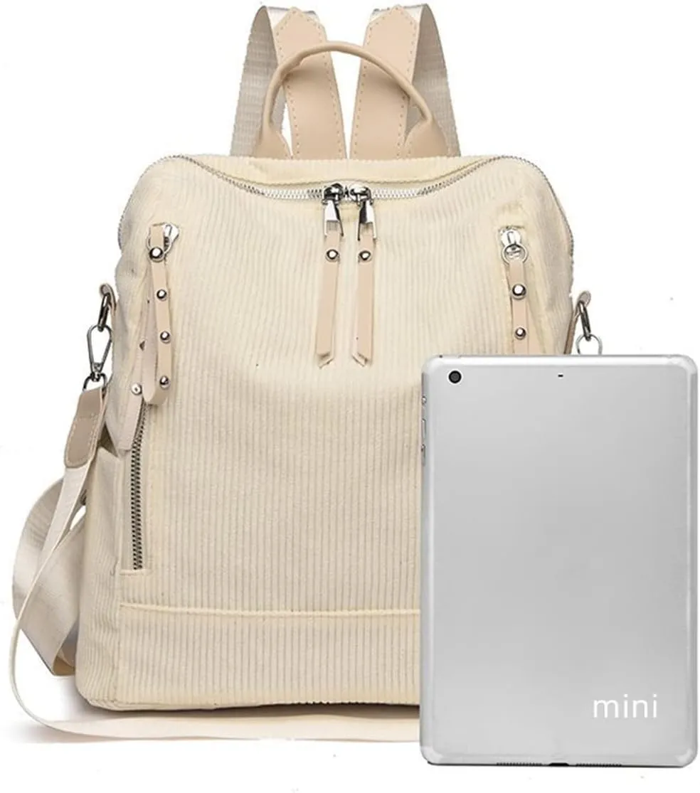 Womens Corduroy Casual Backpack Purse Convertible Travel Shoulder Bag with Wristlet Corduroy Wallet Handbag,Beige