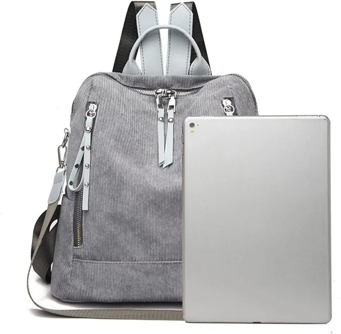 Womens Corduroy Casual Backpack Purse Convertible Travel Shoulder Bag with Wristlet Corduroy Wallet Handbag,Grey