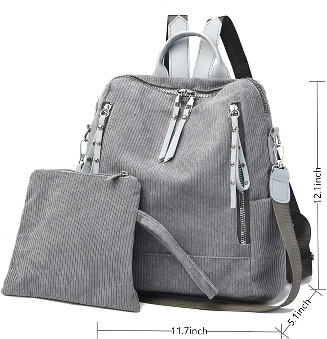 Womens Corduroy Casual Backpack Purse Convertible Travel Shoulder Bag with Wristlet Corduroy Wallet Handbag,Grey