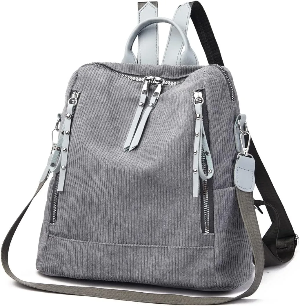 Womens Corduroy Casual Backpack Purse Convertible Travel Shoulder Bag with Wristlet Corduroy Wallet Handbag,Grey