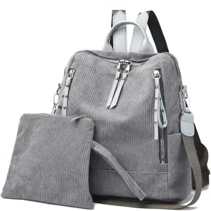 Womens Corduroy Casual Backpack Purse Convertible Travel Shoulder Bag with Wristlet Corduroy Wallet Handbag,Grey