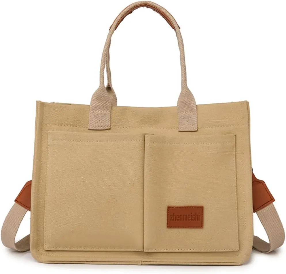 Women's Cute Cherry Tote Bag Multi Pocket Canvas Patched Purse Shoulder Bag Satchel Handbag for Work Travel