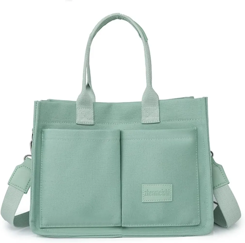 Women's Cute Cherry Tote Bag Multi Pocket Canvas Patched Purse Shoulder Bag Satchel Handbag for Work Travel