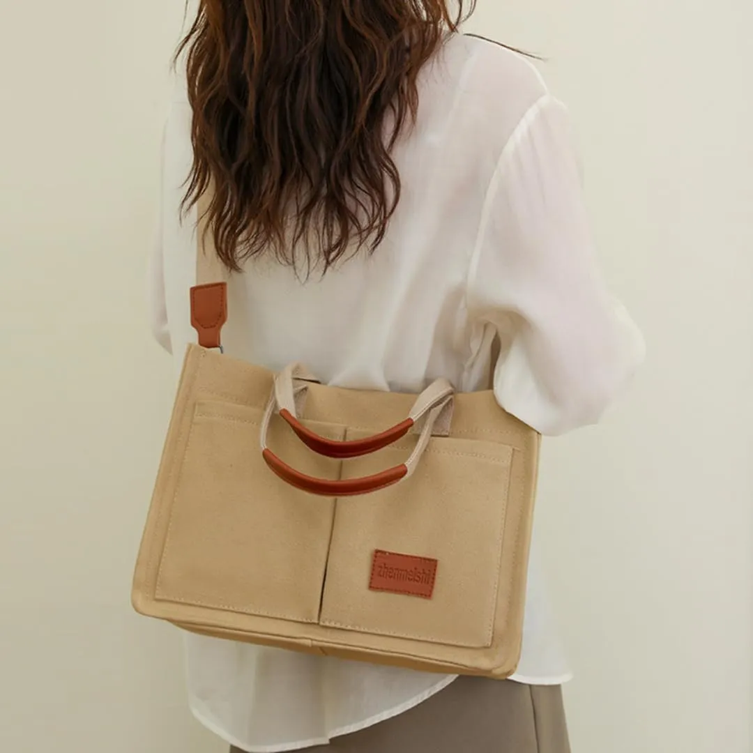 Women's Cute Cherry Tote Bag Multi Pocket Canvas Patched Purse Shoulder Bag Satchel Handbag for Work Travel