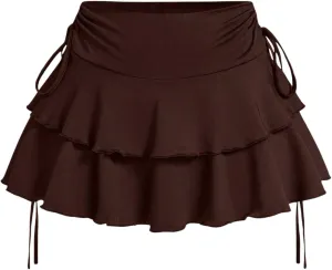 Women's Drawstring Bow Side Mini Skirts Tiered Layer Ruffle Elastic Waist Y2K Coquette Short Skirts