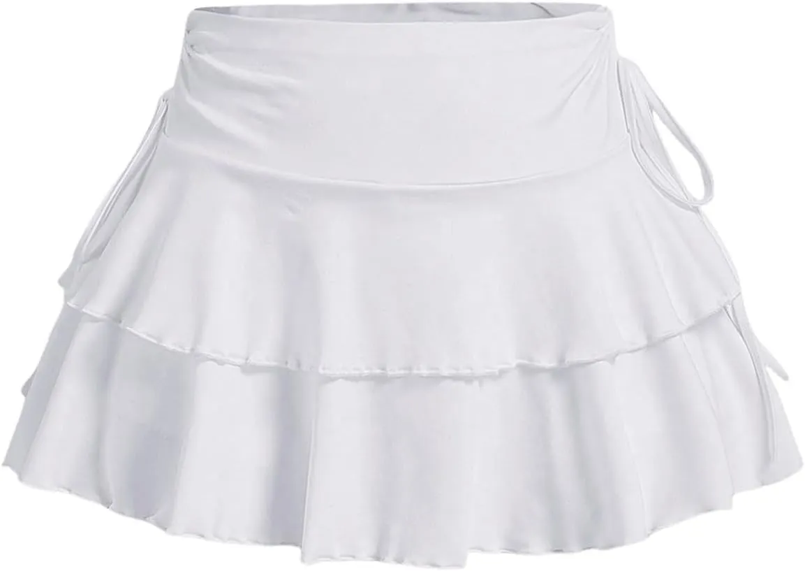 Women's Drawstring Bow Side Mini Skirts Tiered Layer Ruffle Elastic Waist Y2K Coquette Short Skirts