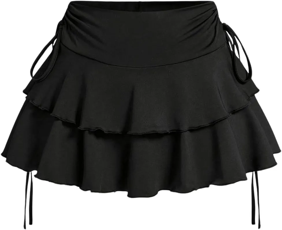 Women's Drawstring Bow Side Mini Skirts Tiered Layer Ruffle Elastic Waist Y2K Coquette Short Skirts