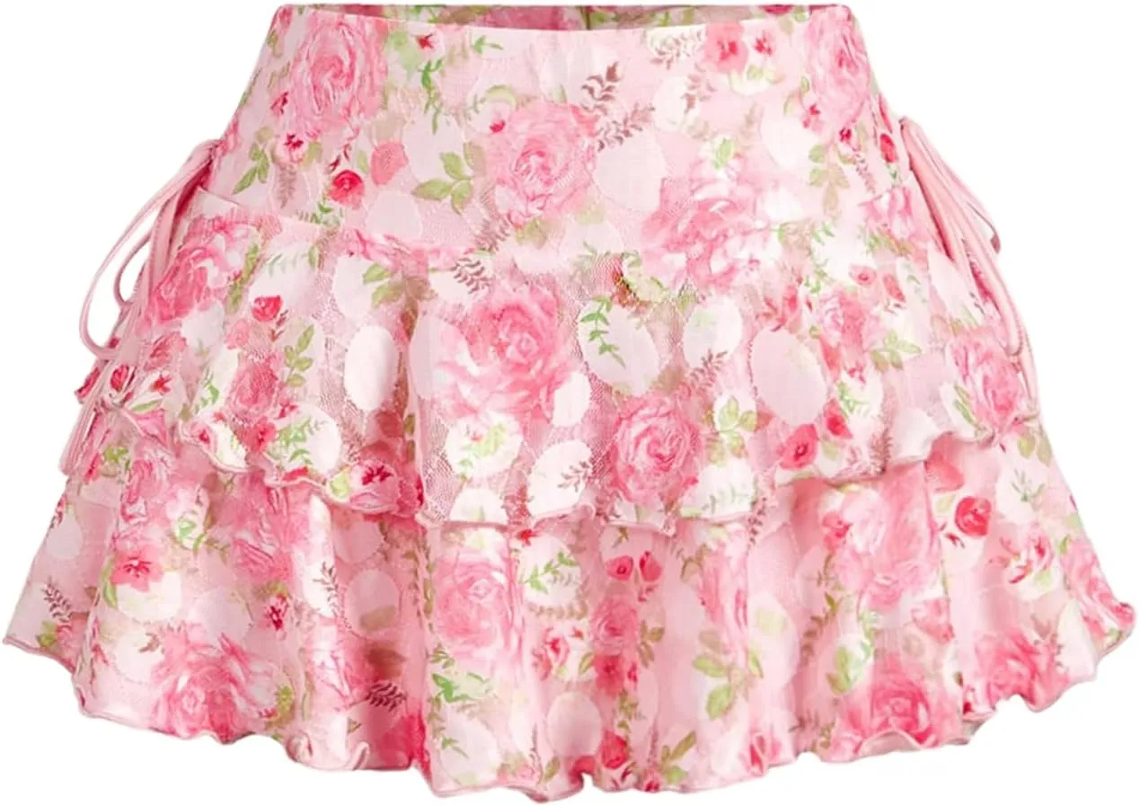 Women's Drawstring Bow Side Mini Skirts Tiered Layer Ruffle Elastic Waist Y2K Coquette Short Skirts