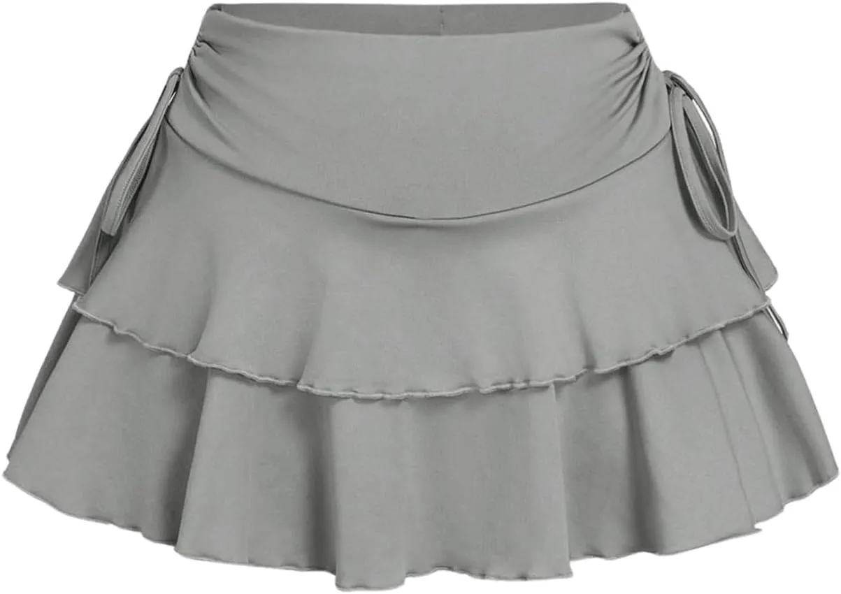 Women's Drawstring Bow Side Mini Skirts Tiered Layer Ruffle Elastic Waist Y2K Coquette Short Skirts