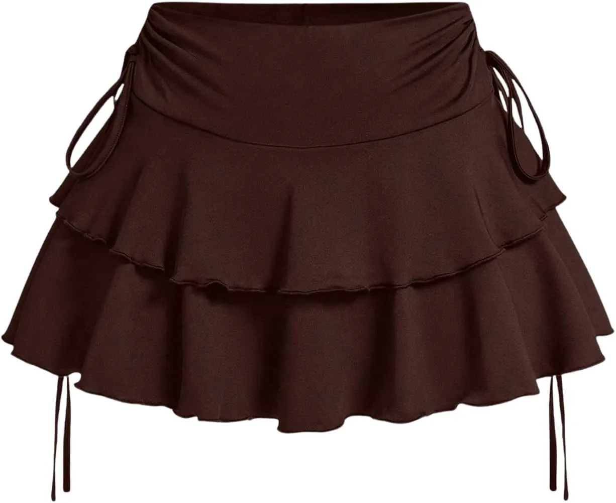 Women's Drawstring Bow Side Mini Skirts Tiered Layer Ruffle Elastic Waist Y2K Coquette Short Skirts