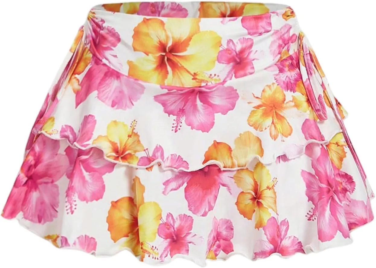 Women's Drawstring Bow Side Mini Skirts Tiered Layer Ruffle Elastic Waist Y2K Coquette Short Skirts