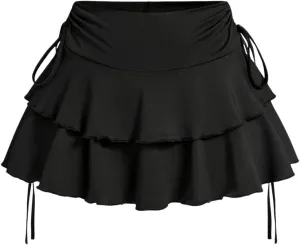 Women's Drawstring Bow Side Mini Skirts Tiered Layer Ruffle Elastic Waist Y2K Coquette Short Skirts