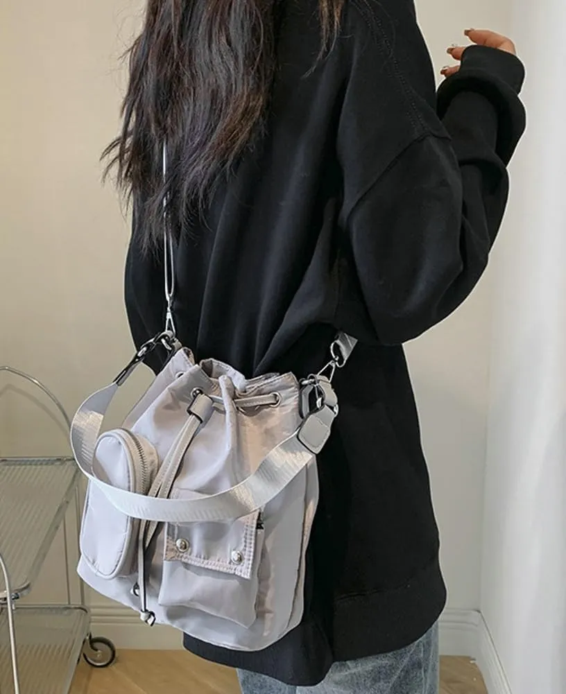 Womens Drawstring Bucket Bag Nylon Crossbody Shoulder Bag Large Tote Purse Handbags Casual Top Handle Satchel