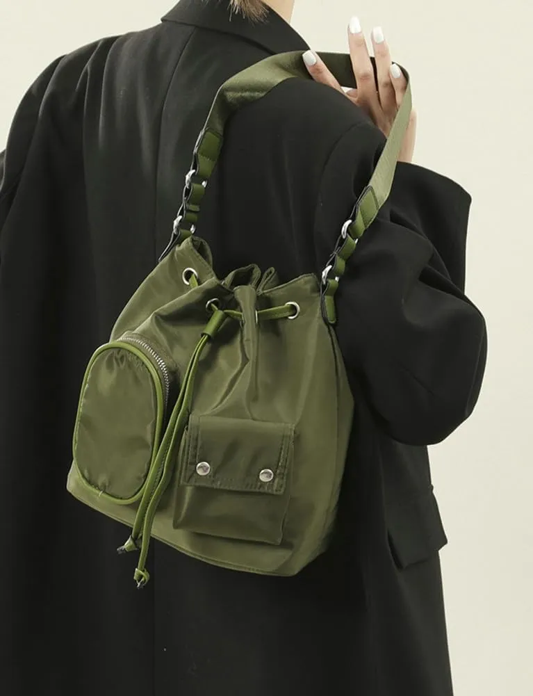 Womens Drawstring Bucket Bag Nylon Crossbody Shoulder Bag Large Tote Purse Handbags Casual Top Handle Satchel