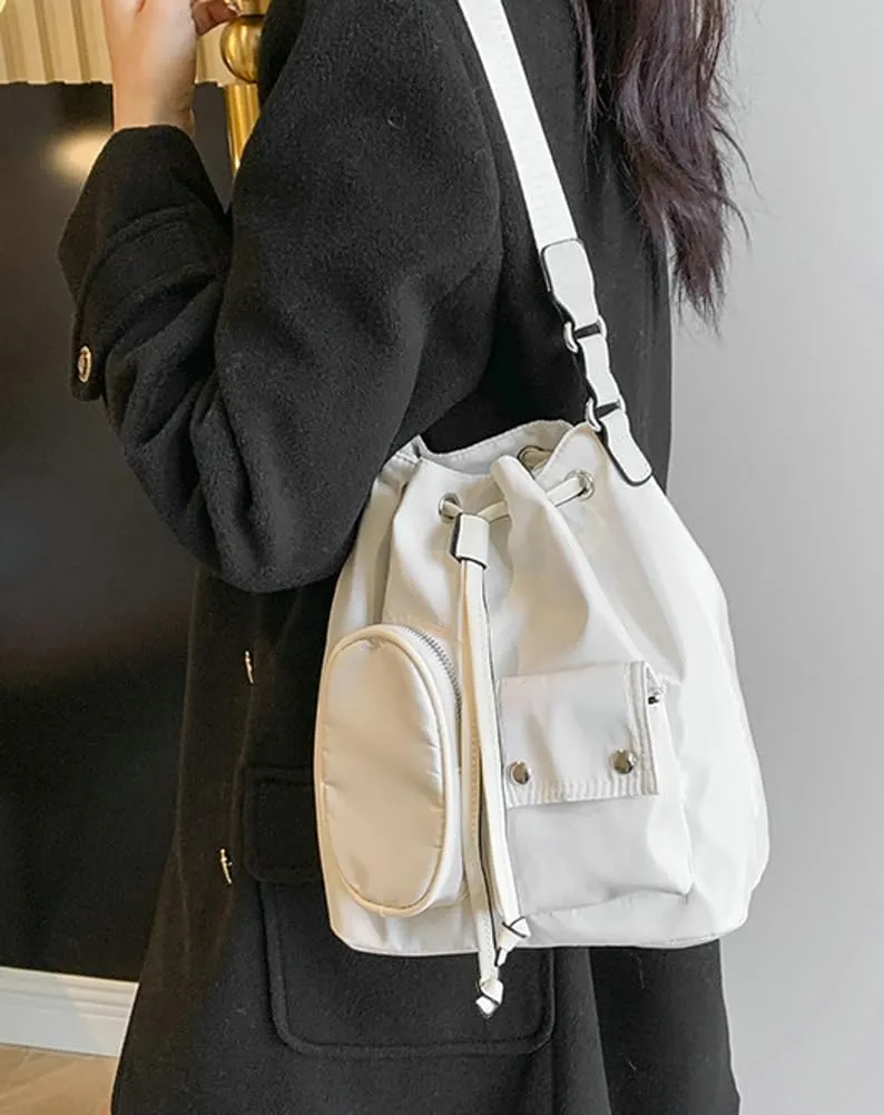 Womens Drawstring Bucket Bag Nylon Crossbody Shoulder Bag Large Tote Purse Handbags Casual Top Handle Satchel