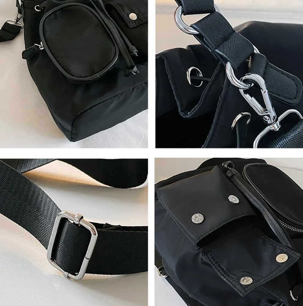 Womens Drawstring Bucket Bag Nylon Crossbody Shoulder Bag Large Tote Purse Handbags Casual Top Handle Satchel