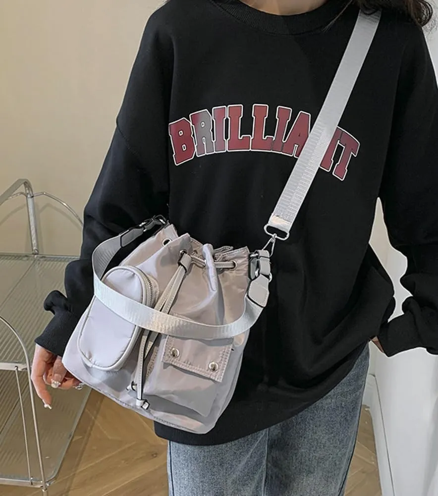 Womens Drawstring Bucket Bag Nylon Crossbody Shoulder Bag Large Tote Purse Handbags Casual Top Handle Satchel
